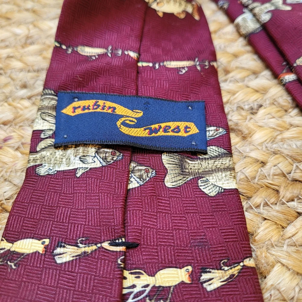 Youth Tie, Burgandy with Fish and Lures 100% silk